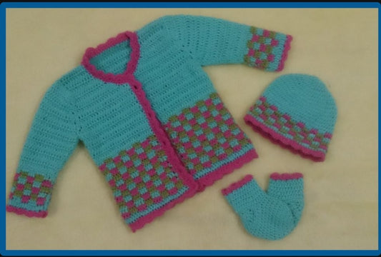 Crochet cardigan set with beanie and booties